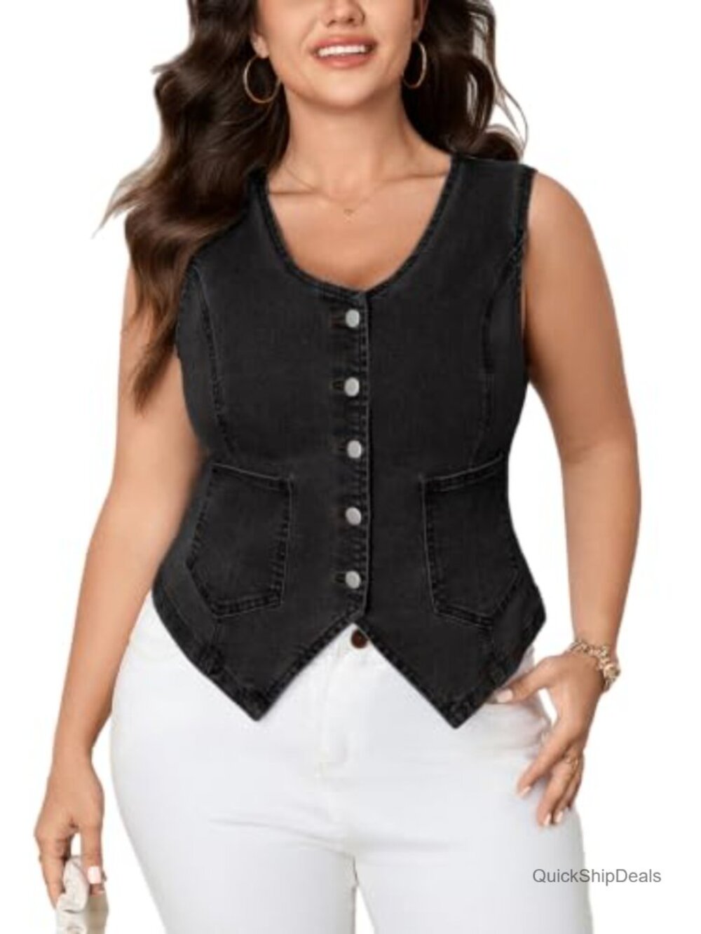 Plus Size Sleeveless Denim Vest Cropped V Neck Button Down Waistcoat Jean Top